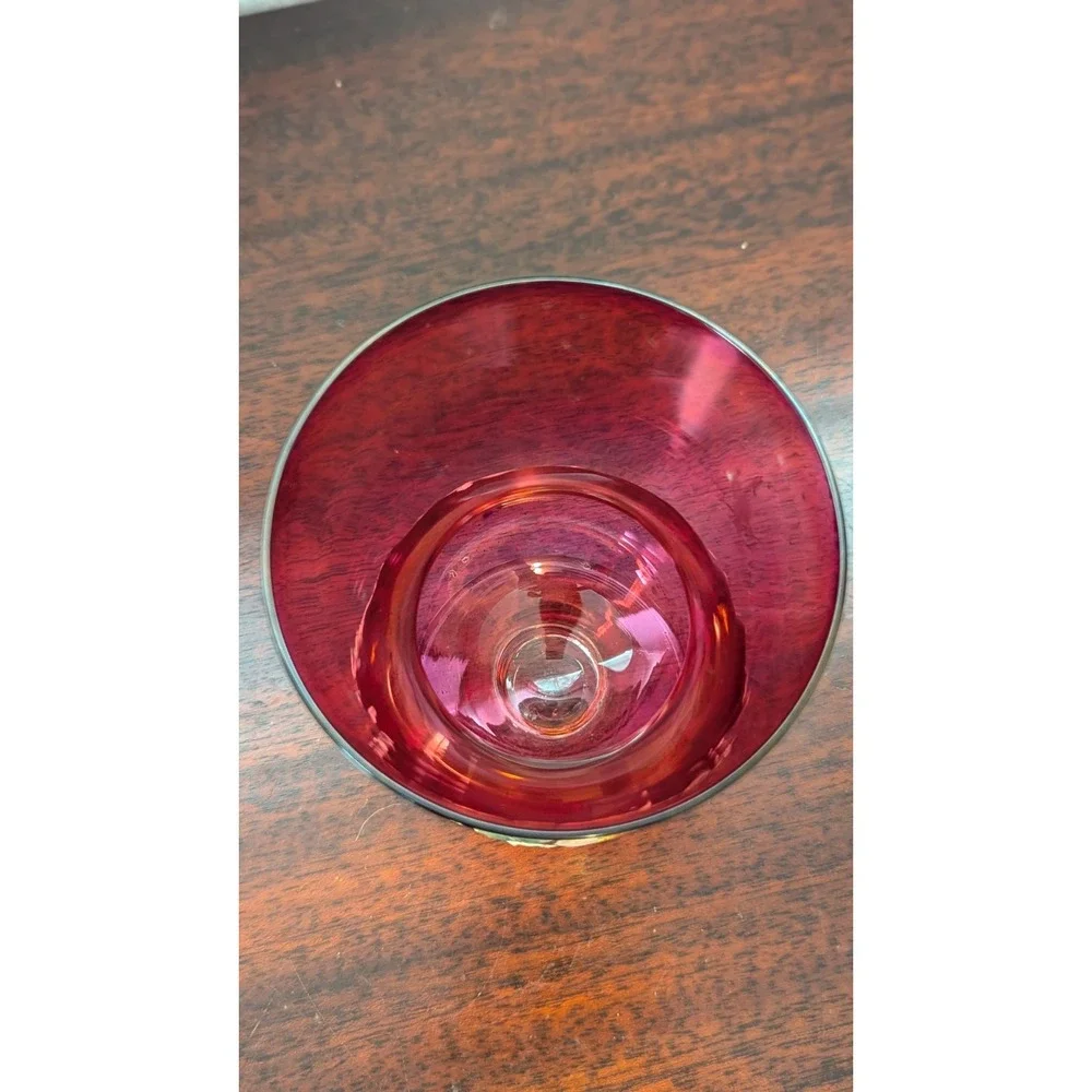 Vintage Ruby Red Glass Hand Painted Floral Vase Goblet Enamel Daisy 5in Small